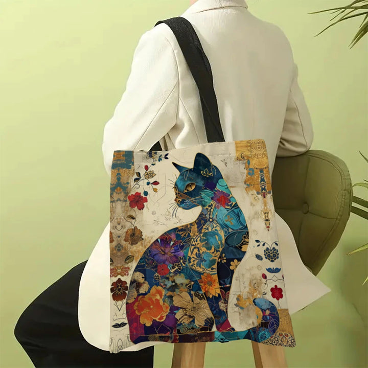 Ethnic Flower Cat Pattern Tote Bag