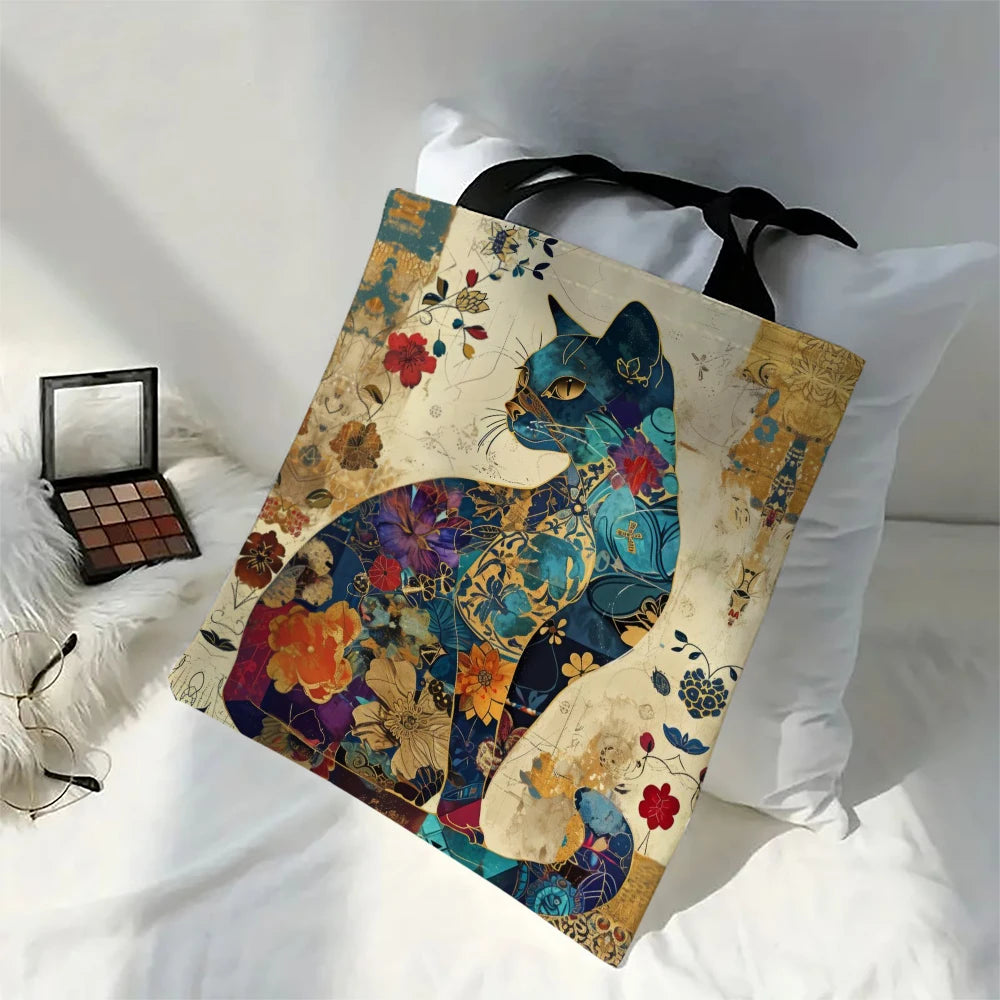 Ethnic Flower Cat Pattern Tote Bag