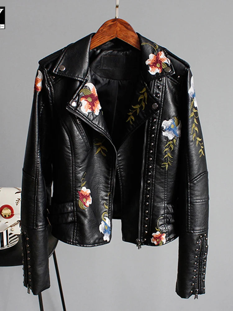 Ella | Stylish Embroidered Leather Jacket